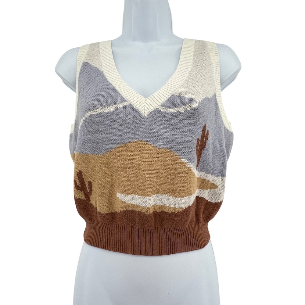 Hollister Sweater Vest Women Small Blue Brown Desert Landscape V-Neck Knit